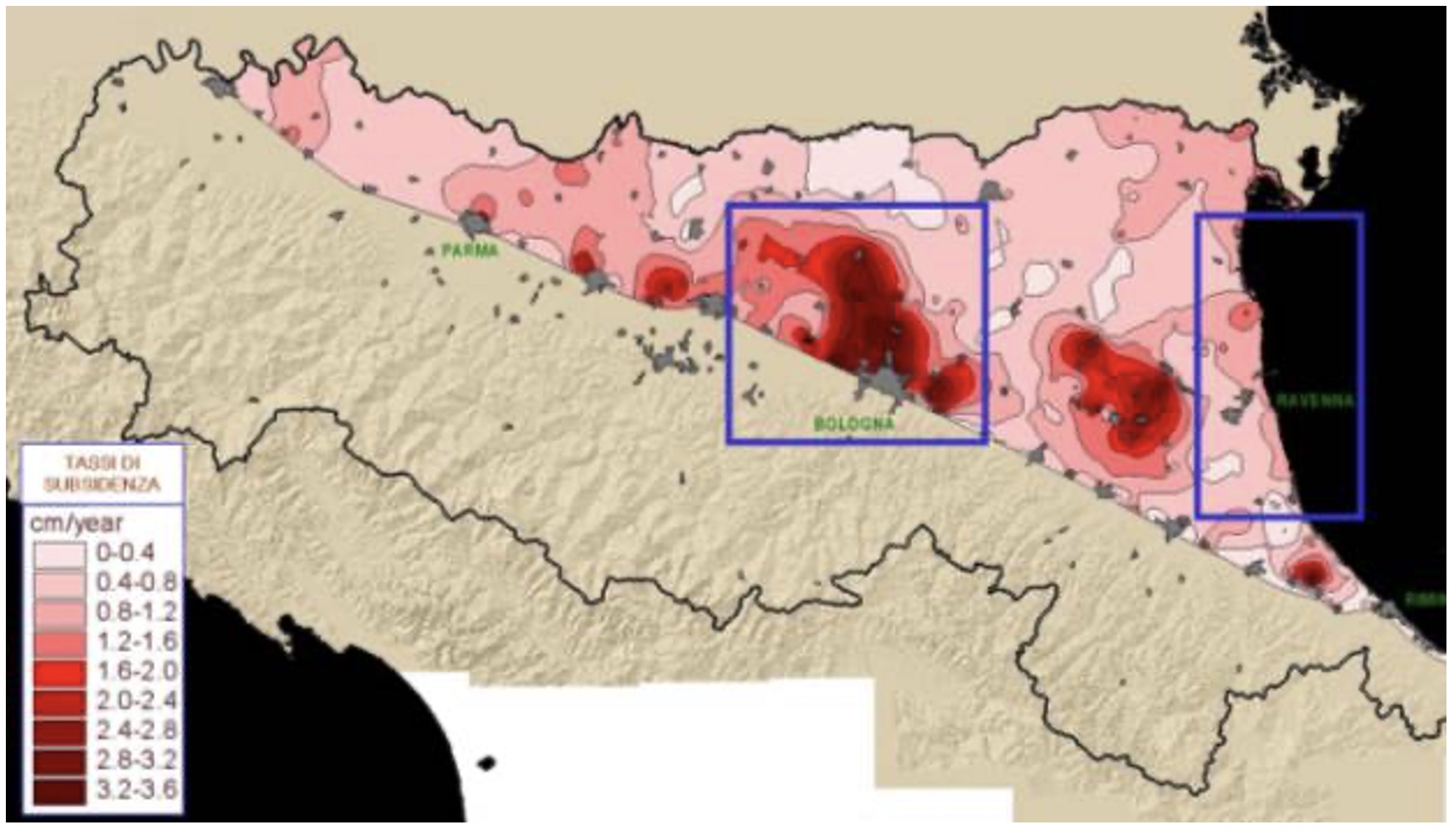Distribuzione della subsidenza nella pianura emiliano romagnola nel periodo 1973/93-1999 