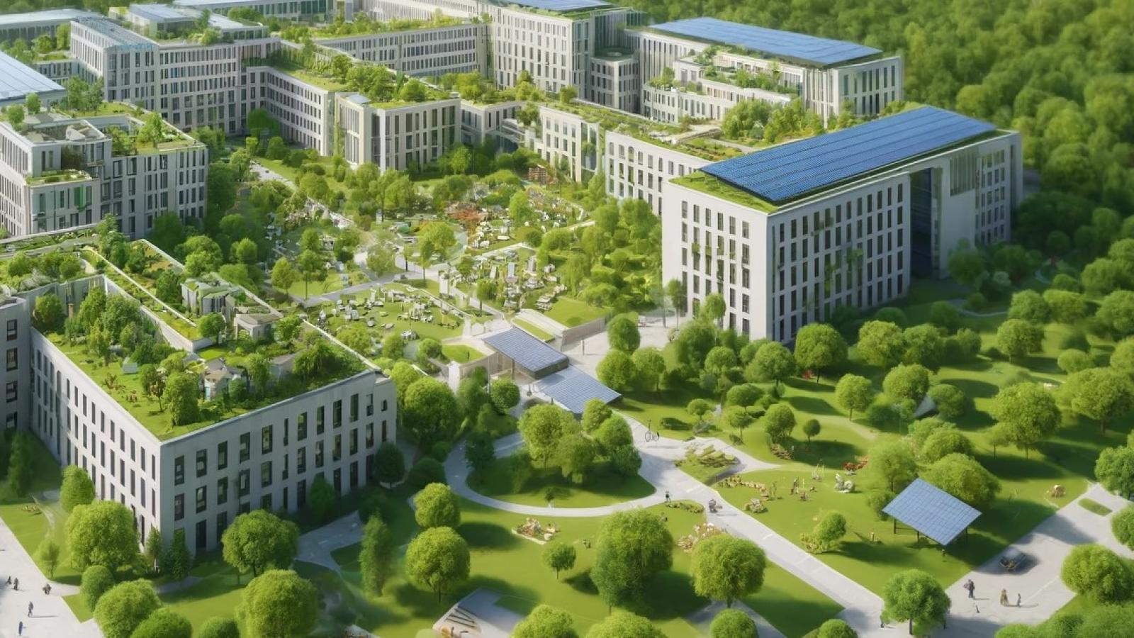 Un grande ospedale formato da più edifici immersi nel verde, con alberi e aiuole e pannelli solare sui tetti.